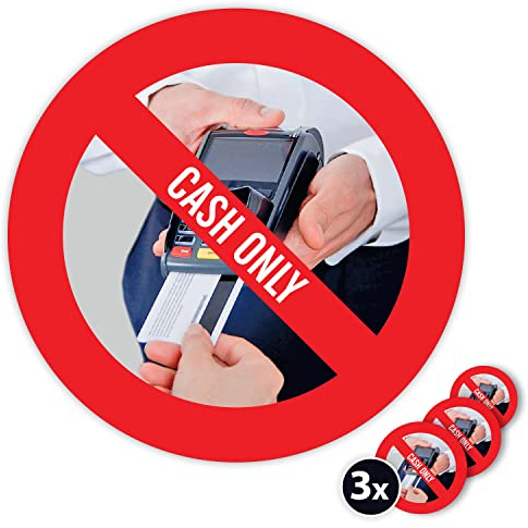 3x WIRKSAMWERBEN Aufkleber, Sticker: CASH ONLY, no card payments accepted, rund 9.5 cm, witterungsbeständig