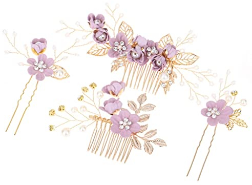 STOBOK 4 Stück Gold Hochzeit Haarkamm Perle Blume Braut Haarschmuck Strass Brautschmuck Kamm Haarspange für die Braut Brautjungfer - Lila Blume