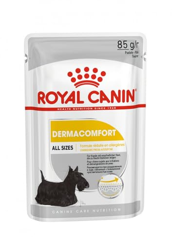 ROYAL CANIN DERMACOMFORT Mousse | 12 x 85 g | Nassfutter für ausgewachsene Hunde ab dem 10. Lebensmonat | Bei empfindlicher Haut | Mit Omega-3 und -6 Fettsäuren