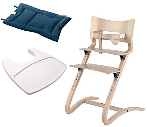 Leander Stuhl white wash - Hochstuhl - Kinderstuhl - Erwachsenenstuhl mit Babybügel + Tablett weiß + Kissen dark blue