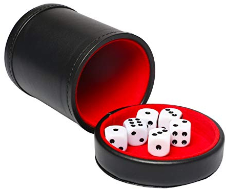 RERIVER Würfelbecher aus Kunstleder mit Deckel, roter Filzauskleidung, inkl. 6 reguläre Würfel für Liars-Würfel, Farkle, Yahtzee, Spiele, 1 Packung