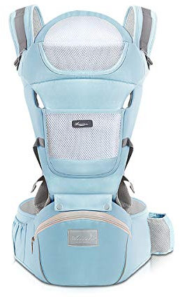 SONARIN Babytrage Ergonomisch mit Hüftsitz/reiner Baumwolle, Kopfstütze, Mehrfachpositionierung: Rücken, Bauch, einstellbar für Neugeborene und Kleinkinder 0 bis 36 Monate (bis zu 30 kg) Hellblau