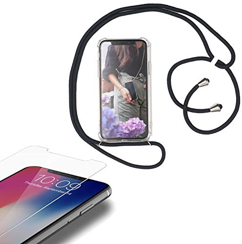 Eximmobile - Handykette kompatibel mit Huawei Mate 20 Pro in Schwarz + Panzerfolie Schutzhülle Handy Hülle Band Seil Schnur Case Umhängen Handytasche Umhängehülle Kette Kordel Silikoncase