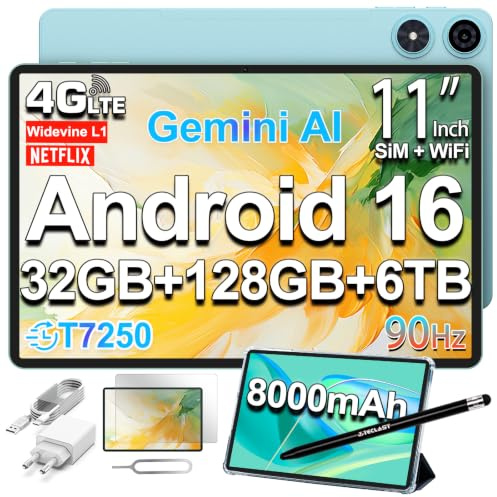 TECLAST P50 Tablet 11 Pollici 90Hz Tablets Android 16, T7250 2GHz Octa-Core, 32GB RAM+128GB ROM(TF 6TB), 8000mAh, Dual SIM 4G LTE+5G WiFi, Widevine L1/13MP/GPS/OTG, Gemini AI Tablet con Penna+Custodia