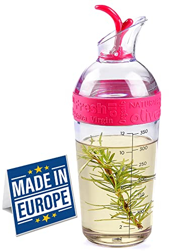Crystalia Professional Salad Dressing Shaker Oil Dispenser Bottle, 360ml, 100% BPA FREE Vinegar Cruet with Pourer, Oil Container with Spout, with Rubber Cap, Salad Dressing Mixer Shaker, Red