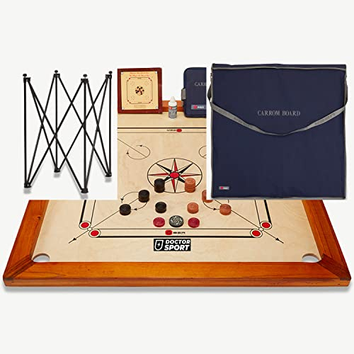 DOCTOR SPORT Carrom Spiel - Karom Spielbrett - Komplett Kikar Natur Holz - India Made - Steinen Striker in kleine Tasche - Perfekt und Komplett (mit Tisch und Tasche)
