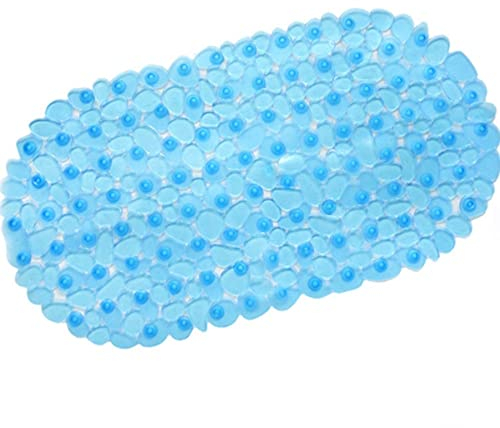 Badewannen-Duschmatte, 69 x 35 cm, rutschfest, maschinenwaschbar, Kieselsteine, Badezimmerdekoration, mit Saugnapf-Ablaufloch, Blau