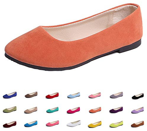 Hwalleum Women's Ballet Flats, Womens Simple Casual Flat Shoes Solid Color Pumps Ladies Girls Dolly Ballet Ballerina Work Smart Office Formal Comfort Pointed Toe Slip On Flats Shoes Orange