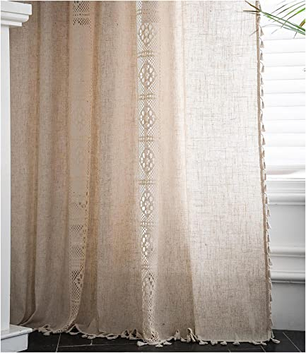 SAYT RLAE Vorhang Boho Blickdicht Vorhänge Leinen Beige Gardinen mit Quasten und Häkeln Stricken Vertikale Streifen Makramee Vorhang Landhaus Vintage Landhausstil Deko, 1 Stück, B150xH160cm