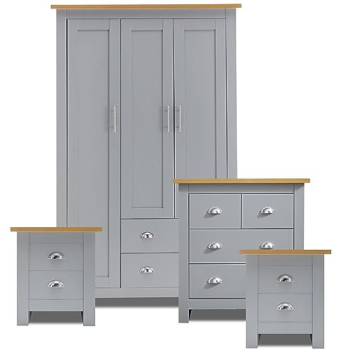 Blisswood 4 Piece Bedroom Set With 3 Door Wardrobe & 2+2 Drawer Chest of Drawer + 2 Drawer 2 Bedside Table Cabinet Bedroom Furniture Set for Bedroom Storage furniture (Grey & Oak)