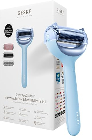 GESKE SmartAppGuided™ MicroNeedle Face & Body Roller | 9 in 1 | Derma Roller | Electric roller with rose quartz | Microneedling device | Needle roller | Beauty roller for face and body
