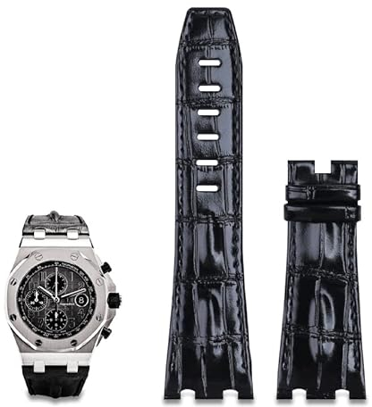 AEMALL 28 mm importiertes Lederarmband für AP für Audemars Piguet 42 mm für Royal Oak Offshore Uhrenarmband Zubehör Dornschließe 15710/15703 (Farbe: schwarzes Armband, Größe: mit goldener Schnalle)