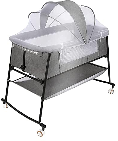 JYCCH Kompaktes Bett-Schlafbett, faltbares, halbliegendes, verstellbares Reisebett, Laufstall mit geräuschlosem Universalrad, Verstellbarer Schüttler für Kinderbett, Grey Happy
