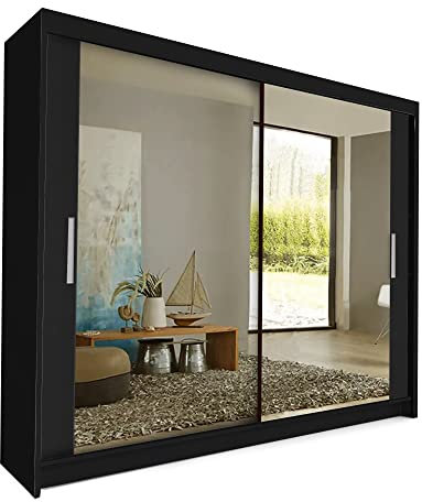 COMFATRA Toronto 203cm Modern Wardrobe with Sliding Doors Mirror Wardrobe, 2 Door Wardrobe with Hanging Rails & Adjustable Shelves, Space Saving Wardrobe for Bedroom Furniture (Black)