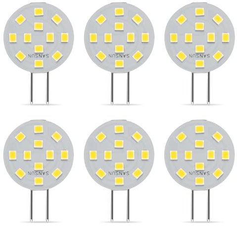 SANSUN G4 LED-Leuchtmittel, 2 W, entspricht 20 W Halogen, G4/GU4/GZ4 Bi-Pin-Sockel, AC/DC12 V, 5000 K, 120 ° Weitwinkel, nicht dimmbar (Kaltweiß, 6 Stück)
