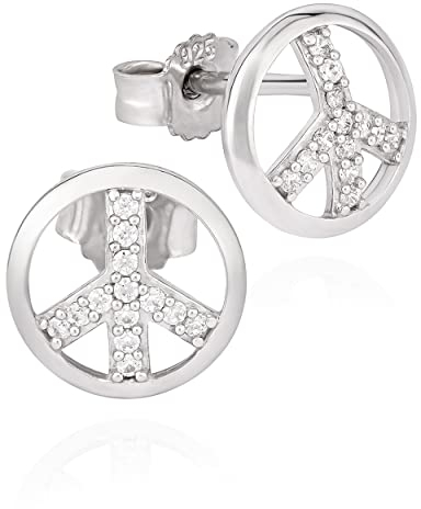 NKlaus Paar Peace Symbol Ohrstecker 925 Silber 8mm Retro Ohrringe mit Zrkonia weiß 13617
