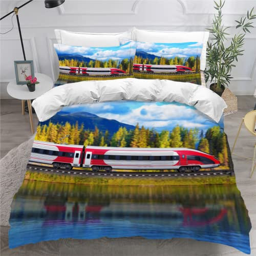 SK-YBB Bettwäsche Set 135x200 Zug Eisenbahn Bettwäsche für Kinder Junge 3 Teilig 3D Elektrische Lok Zug Lokomotive Kinderbettwäsche 135x200 Mit Reißverschluss mit 1 Bettbezug 2 Kissenbezügen