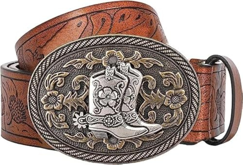 JowTreex Western-Lederschnallengürtel – Cowboy-Gürtel mit Longhorn-Stiermuster, Blumen-Gravur, Schnallengürtel für Männer und Frauen, Braun 3, for 95-102 cm waist