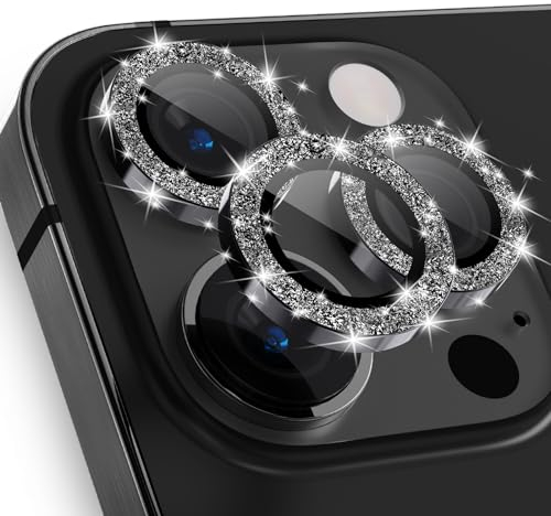 imluckies per iPhone 15 Pro - iPhone 15 Pro Max Pellicola Fotocamera Glitterato, HD Chiaro Anello in Lega di Alluminio & 9H Vetro Temperato Fotocamera Protezione dello Lente, Brillante Nero