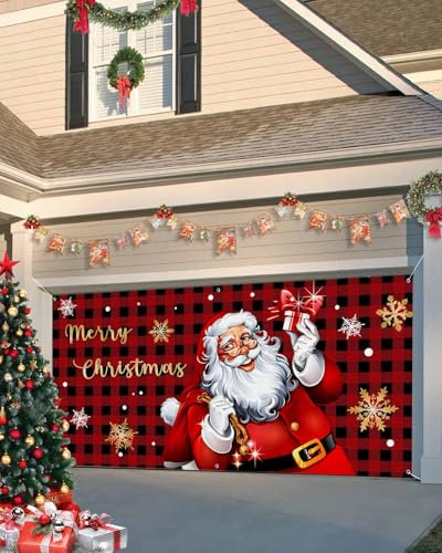Cubierta de pancarta de Navidad para puerta de garaje, 2.1 x 2.4 m, decoración de Navidad de Papá Noel negro y rojo, decoración de puerta de garaje, decoración de fondo de Navidad para invierno, Año