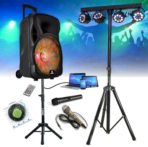 Générique Karaoké Pack Enceinte Autonome 600W BOOST-MOBILE12-SET Sono - 2 Micros - Pied Enceinte - Pack Lumière Projecteur Astro sur Pied Support