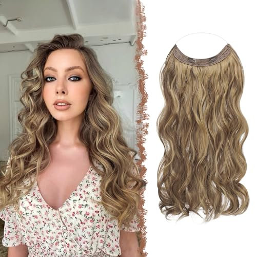 FESHFEN Invisible Hair Extensions Secrets Haarverlängerungen mit Draht Honigblond Gemischt Hellbraun Synthetisch Verstellbar Lockiges Haar Langes Gewelltes Geheimes Haarteil für Frauen 50cm