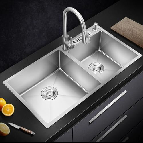 Fregadero Cocina De Doble Seno, Fregadero Cocina 2 Seno , Fregadero Negro Acero Inoxidable De Alta Capacidad , Fregadero Bajo Encimera De Doble Seno Con Drenaje Empotrable ( Size : 75*41*20cm )