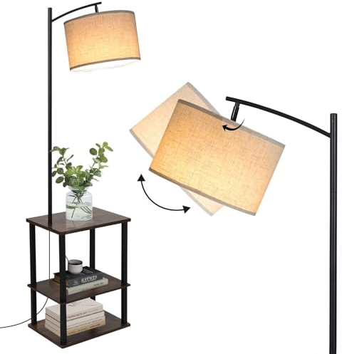 YU YUSING Lampadaire Salon avec Table d'appoint, Lampe sur Pied Chambre Multifonction 3 Étagères en Bois, Abat-Jour Réglable en Lin Beige, Lampe Lecture Douille E26, Rangement Bureau (Sans Ampoule)