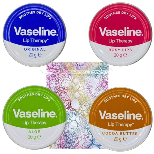 Lip Balm 4 X 20g (Rosy Lips, Cocoa Butter, Aloe, Original) Lip Balm Set Bundle with Glameno Drawstring Organza Bag