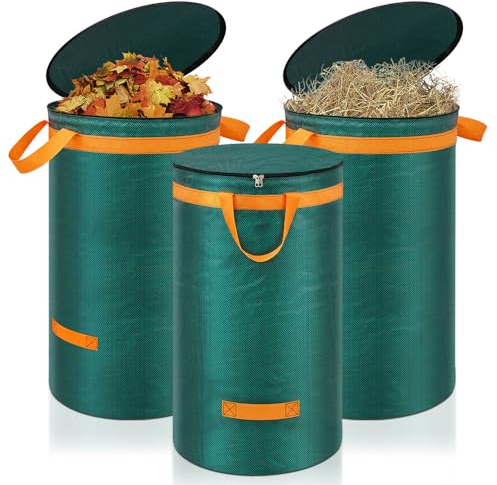Eurhomewit 3 Pcs Green Garden Waste Bags 120L, Heavy Duty with Handles and Lid, Reusable for Garden Waste, Grass and Leaves
