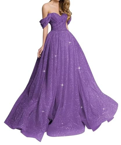 KURFACE Vestido formal de tul con hombros descubiertos para mujer, vestido formal de quinceañera brillante para adolescentes, WSX465, morado, UK18