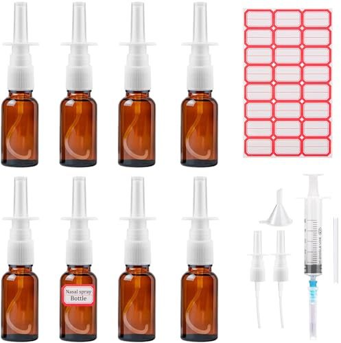 XUSSMM 8 Stück Nasen Sprühflaschen, 20ml Braun Glas Nasenspray Flasche Leer, Nachfüllbar leerer Nasensprüher mit Pipette, Feinem Sprühnebel, Trichter und Leere Etiketten für Parfüms, ätherische Öle