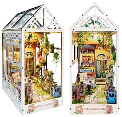 Cuteefun DIY Book Nook Kit, Insertion de Bibliothèque Miniature DIY, Serre-Livres en Bois 3D avec Lumière LED, Décoration Délicate, Cadeau Unique pour Adultes et Adolescents (Sylvia Garden)