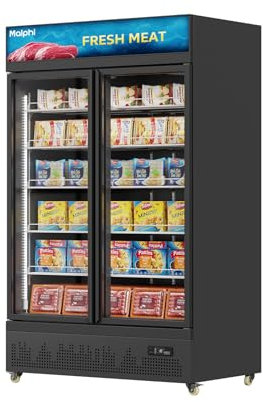Malphi Commercial Refrigerator with Lighting Box 400Litre Upright Freezer -22℃ to -18℃ Self-Closing Door Display Fridge H1980xD750xW750mm Adjustable Shelves for Ice Cream Meat (Black, Double Doors)
