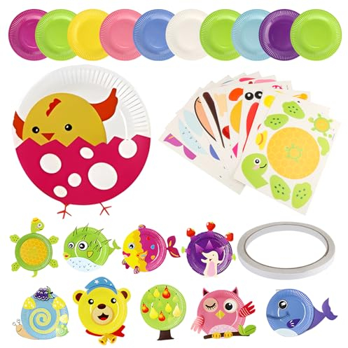 RISF Pack of 10 Paper Plate Craft Set, Craft Set Children 3 4 5 6 Years, DIY Animal Craft Sets for Children, Creative Plates Craft Children, Girls, Boys, Children's Birthday, First Day of School Gift