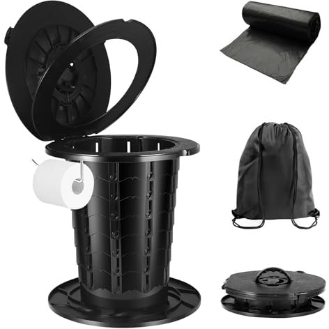 Folding Camping Portable Toilet With 8 Height Adjustable Settings for Adults & Kids - Travel With Lid, Seat, Bags & Roll Holder for Outdoor, Campervan, Fishing Trip, Car - Load 180kg