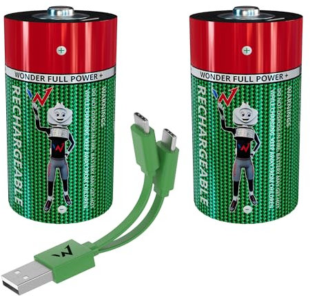 Wonnder Full Energy Piles Rechargeables D / LR20 1.5V – Pack de 2 – USB-C + Câble Inclus – 3600mAh Longue Durée – Indicateur LED – sans Chargeur – Écologique – Radios, Lampes, Jouets