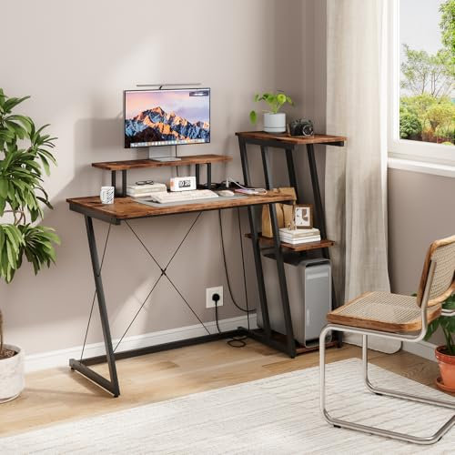 Dripex Computer Desk with 3-Tier Reversible Storage Shelves, Small Office Desk with Power Outlets & USB Charging Ports, Modern Work Study Table for Home Office, Rustic Brown
