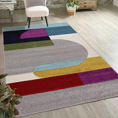 Mazovia Teppich Bunt - Moderner bunter Kurzflor-Teppich mit geometrischem Muster, weich & pflegeleicht, für Wohnzimmer, ÖKO-TEX Zertifiziert - Grau Blau 200 x 300 cm