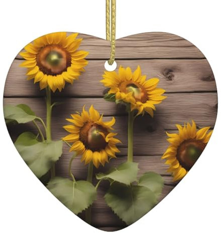 BROLEO Weihnachtlicher Keramik-Herz-Anhänger – für Feiertagsfeiern und Festivals – goldenes Drahtseil inklusive drei Sonnenblumen auf Holzbild