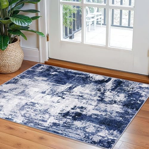 KOZYFLY Small Area Rug 2x3 Rug Entryway Rugs Indoor Non-Slip Modern Abstract Machine Washable Rug Navy Blue, Kitchen Mats for Floor Front Door Rug with Low Pile Small Carpet Floor Mats for Home
