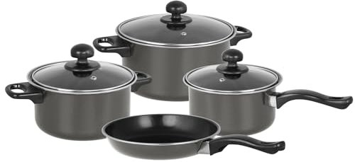 Gr8 Home 7 Piece Non Stick Kitchen Cookware Set Cooking Pot Frying Pan Saucepan with Glass Lids (Dove Grey)