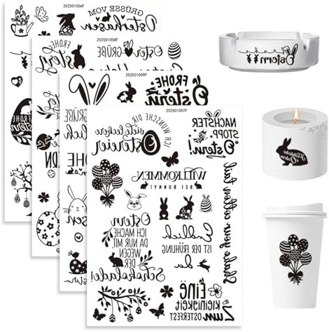 Uixxducc 4pcs Rub on Sticker Ostern Karikatur Niedlich Dekoration Wasserdicht Schwarz Und Weiß Aufkleber Kaninchen Gefärbte Eier Rub on Ostern Sticker Für Glas Möbel Scrapbooking (4pcs)