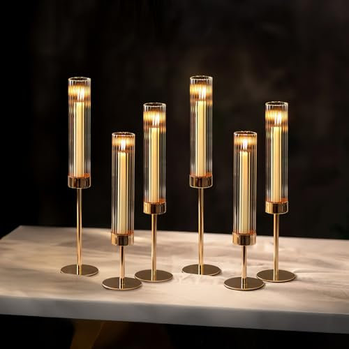 NUPTIO Verre Bougeoir Cylindrique À Bougies - Lot de 6 Centres de Table de Mariage Nervuré Décoration de Table de Salle À Manger pour Cheminée