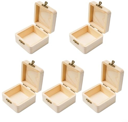 Puupaa Set di 5 scatole portaoggetti in legno rettangolari per bigiotteria, cartoline, piccoli oggetti, finitura in legno naturale, scatole fai da te, 8 x 8 x 4,5 cm