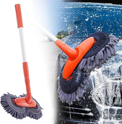 Rotating Car Mop, Long Handle Car Wash Brush, Double Head Telescopic Car Wash Mop with Microfiber, Car Wash Brush Cleaning Brush Tool for Cars /Glass (1 pcs)