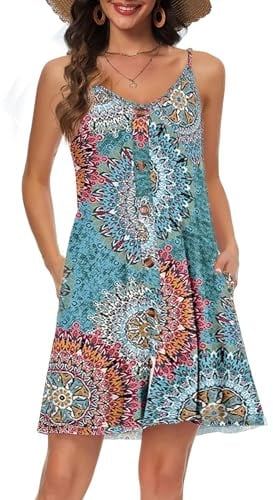 Koerye Robe D'été Femme Bretelles Spaghetti de Plage Robes Boutonné Col en V Décontracté Courte Plage Robe avec Poches
