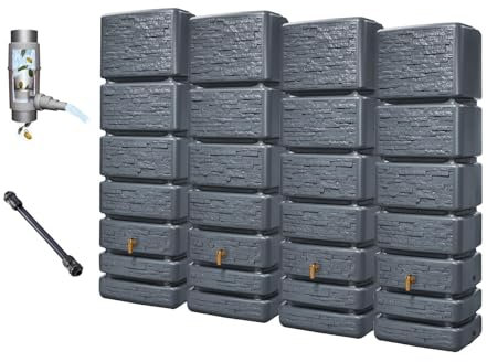 4rain Slim Stone Decor Wandtank-Set 1400 Liter Graphite Grey - Regentonne, Regenfass, Wassertank, Regenwassertonne, Wasserfass, Regenwassertank, Wassertonnen für Garten, Wassertonne, Fass