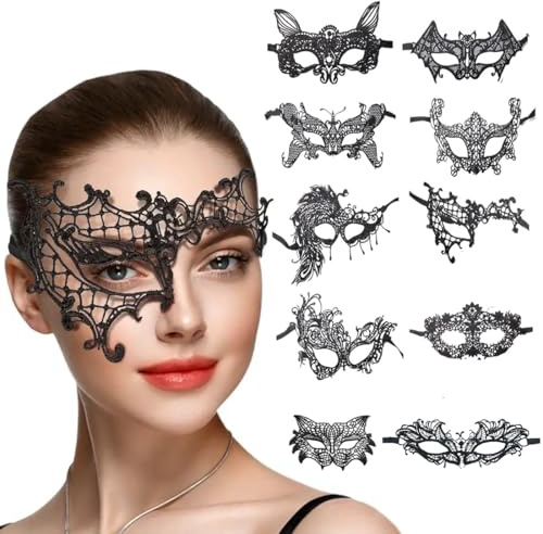 PYEUIFT 10 Stück Spitze Maske, Venezianische Maske Spitze Damen, Schwarz Sexy Lace Augenmaske für Frauen, Augenmaske Maskerade Maske für Halloween Karneval Abendkleid Tanz Ball Party