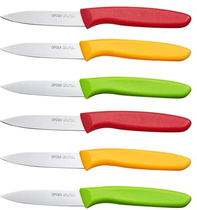 OPOLIA Paring Knife Fruit Knife Set (Pack of 6), Stainless Steel, Extra Sharp Blades, Sturdy Plastic Handle, Knife for Cutting Fruit and Vegetables.Red&Orange&Green